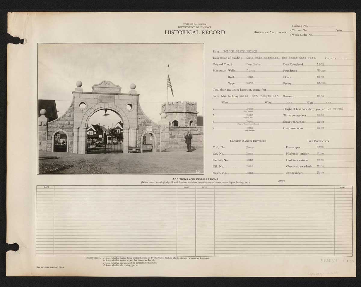 A historical record from the California Department of Finance detailing the main entrance gate of Folsom State Prison. The black-and-white photo shows a stone archway and towers. The form includes construction details, noting the gate was completed in 1903.