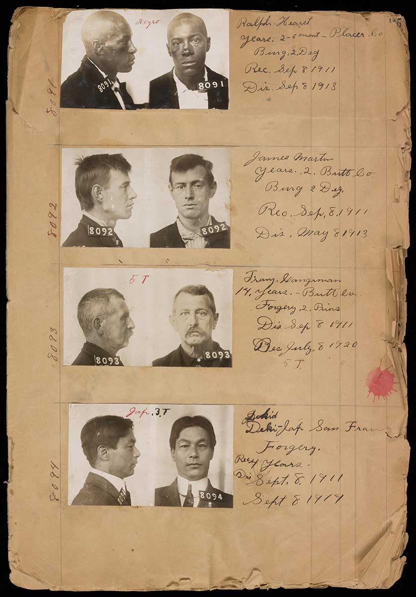 A historical ledger from Folsom Prison featuring mugshots and handwritten records of inmates. Each entry includes a front and side profile photograph, inmate number, name, county, sentence, crime, and key dates (admission, parole, discharge).