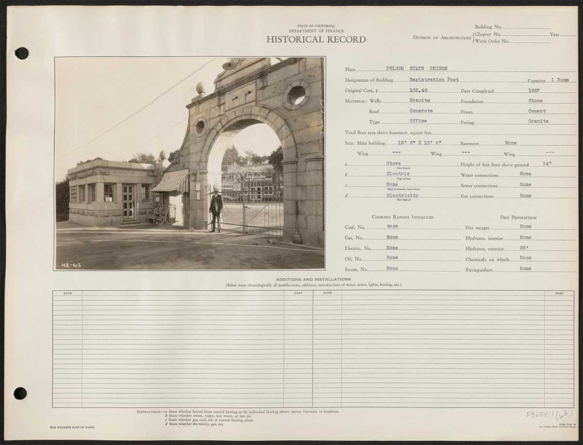 A historical ledger from the California Department of Finance documenting details about the main building of Folsom State Prison. The black-and-white photograph shows an expansive view of the prison's main building and surrounding grounds. The ledger includes construction details, noting the building was commenced in 1881 at a cost of $225,000. Materials listed include granite walls, a slate, corrugated iron, and tin roof, as well as granite and cement floors. The building is categorized as a prison with 906 cells. Additional notes mention modifications such as the addition of a bakery, dining room, and school building, with corresponding costs and dates.