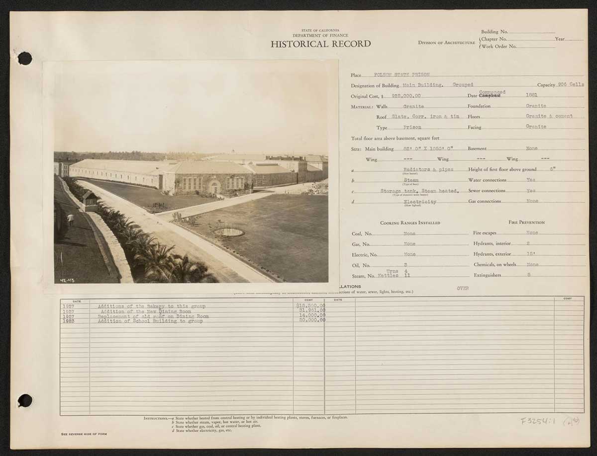 A historical ledger from the California Department of Finance documenting details about the new cell house, dining room, and O.Q.C. quarters at Folsom State Prison. The black-and-white photograph shows a large stone building with numerous windows, indicating the cell house and an adjacent smaller building.