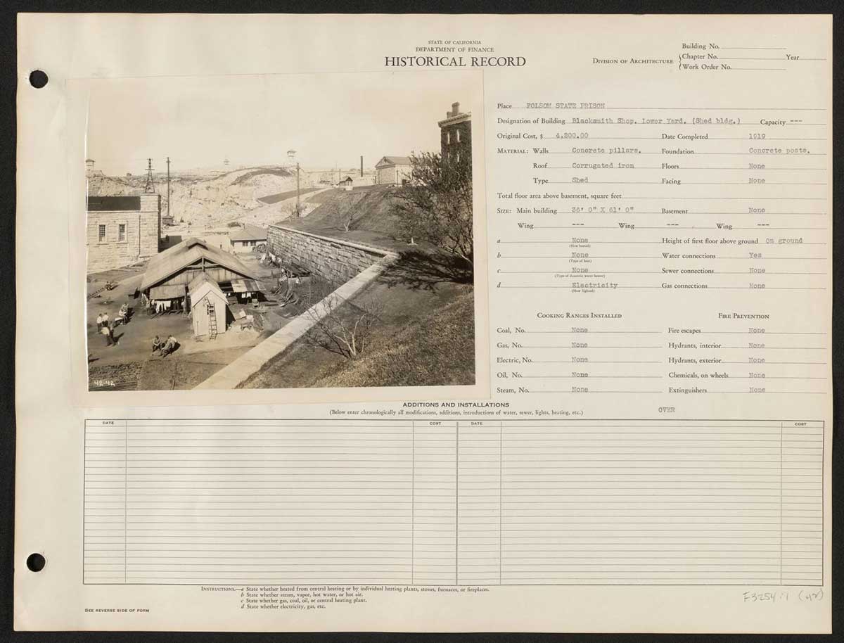 A historical ledger from the California Department of Finance documenting details about the blacksmith shop at Folsom State Prison. The black-and-white photograph shows a shed-like structure designated as the blacksmith shop located in the lower yard. The building features concrete pillars, corrugated iron roofing, and concrete posts for the foundation. The shop was completed in 1910 at a cost of $4,200. The ledger notes the building's dimensions (36 ft x 61 ft) and various utility connections, such as water and electricity, though it lacks sewer and gas connections. The page also has sections for recording modifications and installations, which are currently blank.