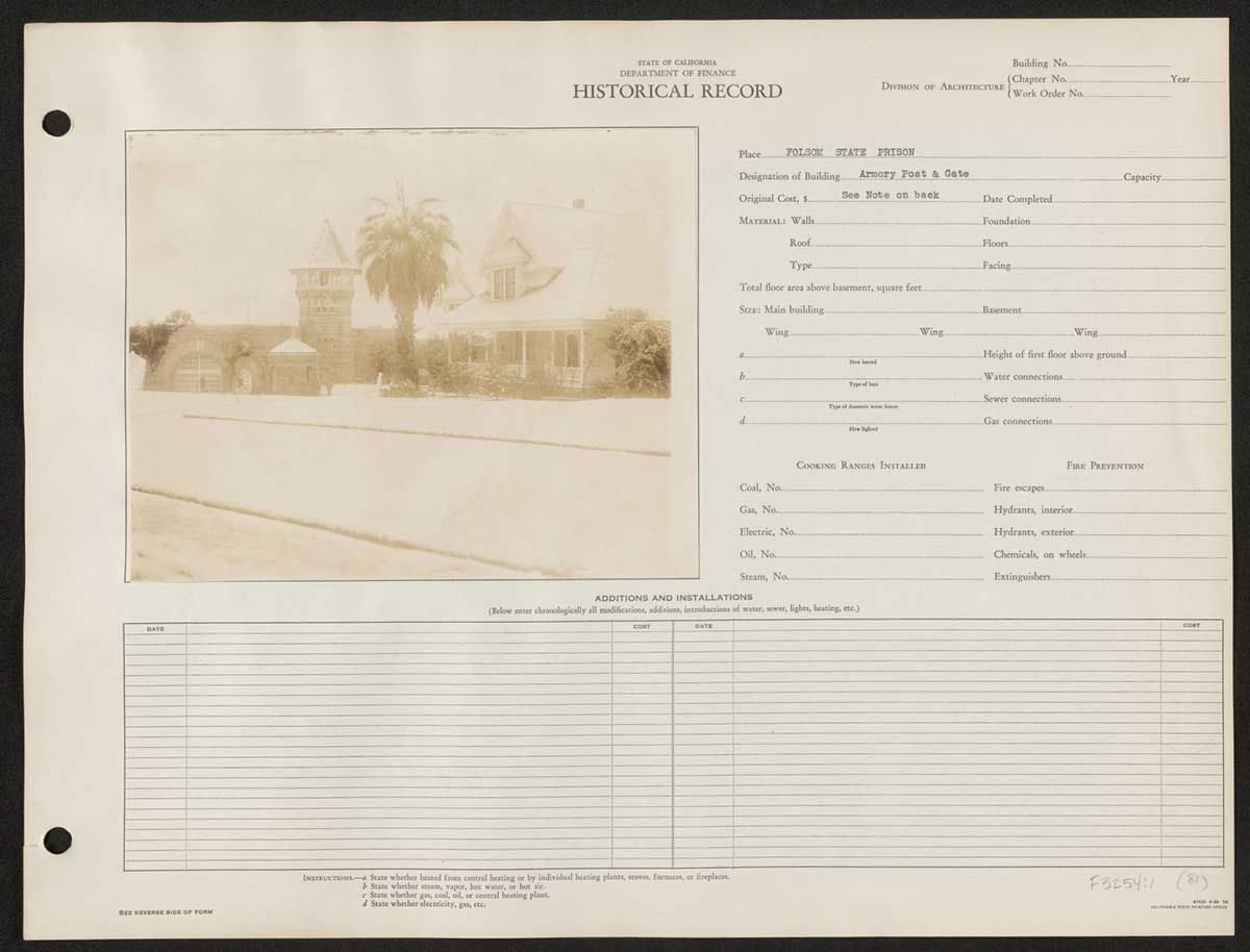 A historical ledger from the California Department of Finance documenting details about the Armory Post and Gate at Folsom State Prison. The black-and-white photograph shows a residential-style building with a gabled roof, likely serving as the armory post and the adjacent stone gate structure. A palm tree stands prominently in front of the building.