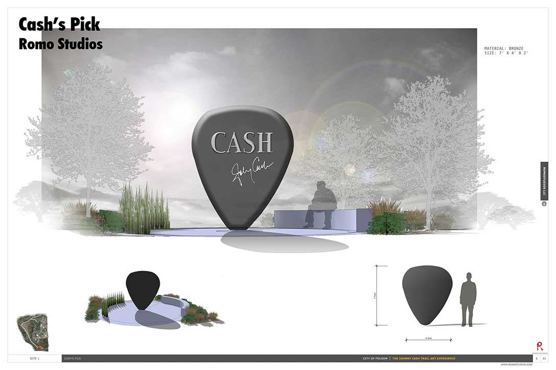 Artist's rendering of Cash's Pick sculpture by Romo Studios.