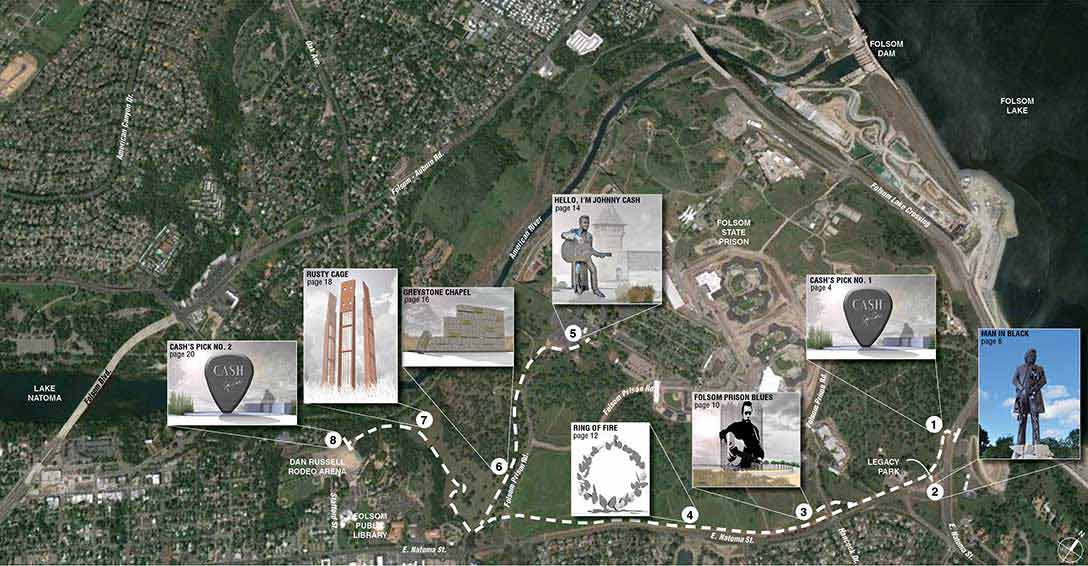 Aerial map of artworks and their locations along the Johnny Cash Trail.